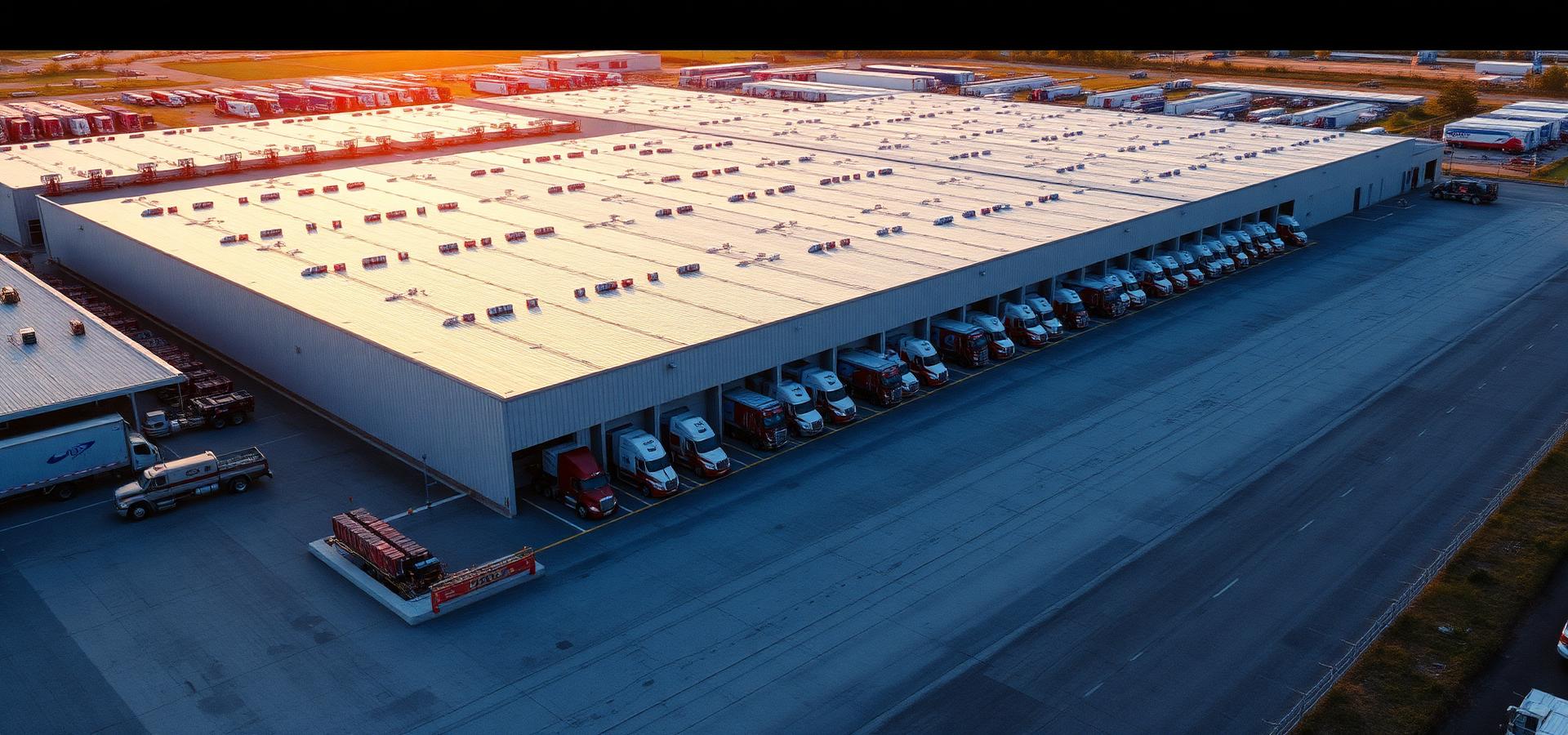 Aerial view of the Plano distribution facility at sunset