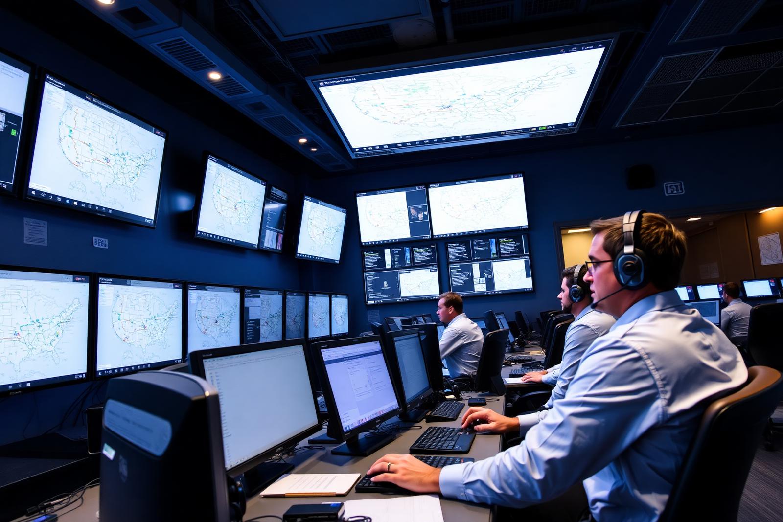 Dispatch center with live routing screens