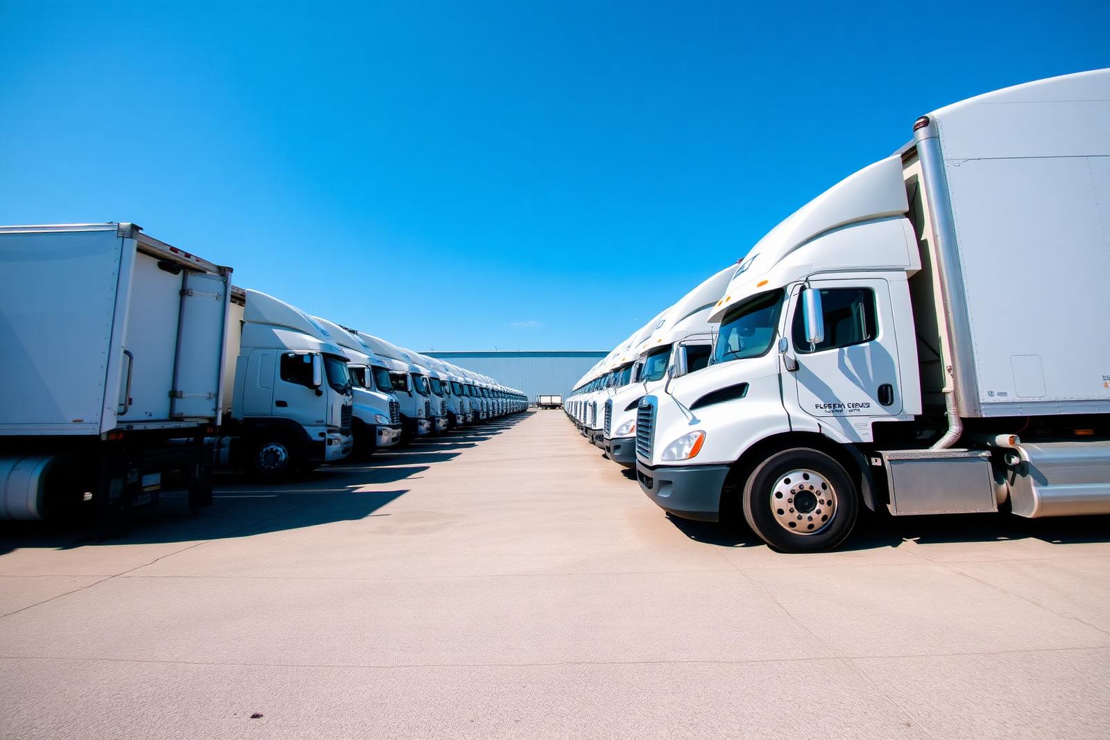 Fleet of white semi trucks parked at the Plano depot