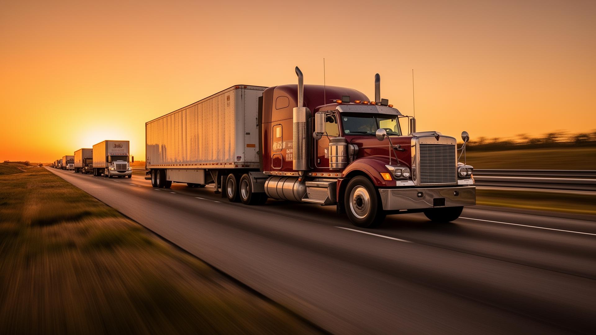 Semi trucks on a Texas interstate at golden hour